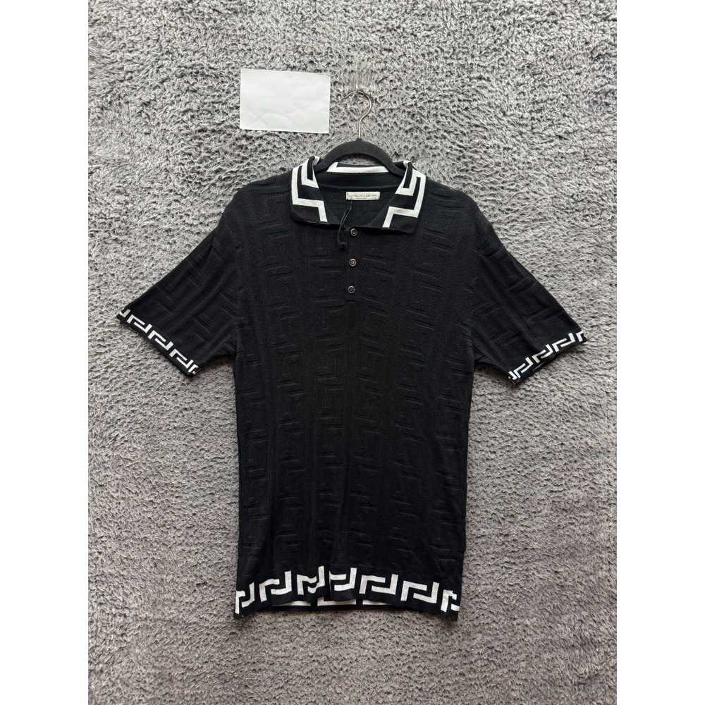 Black Short-Sleeve Polo with White Geometric Trim